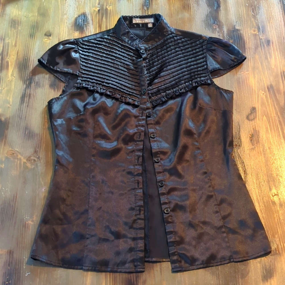 Black Satin Pintuck Cap-Sleeve Blouse Ptp 18"